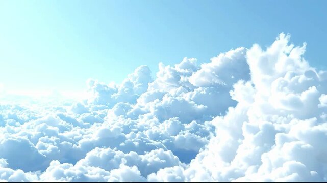 A high-altitude aerial perspective of a dense sea of white fluffy clouds under a bright clear blue sky