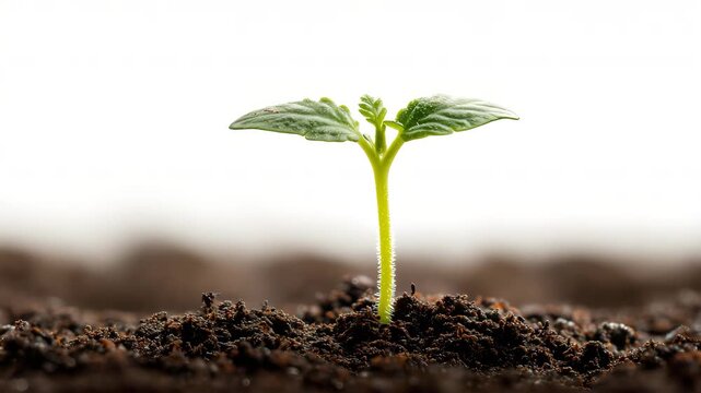 植物が春の白背景で瑞々しいピーマン苗を接写