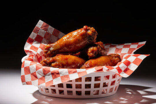 Delicious spicy chicken wing appetizer, mouth watering fried food item presented in checkered basket. Hot meal brings delightful flavor, evoking hunger and satisfaction for any occasion