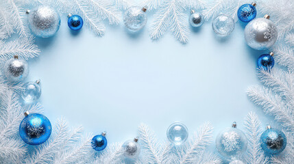Festive frame with sparkling blue and silver ornament, white frosted evergreen branch, and delicate snow creates beautiful holiday background. winter scene evokes joyful and peaceful celebration