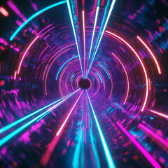 A dazzling tunnel of purple, pink, and blue neon lights racing toward a glowing center, evoking speed, music, and futuristic energy.