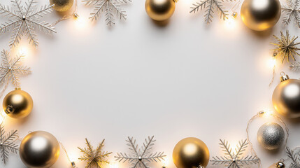 Cheerful Christmas frame featuring golden ornaments, metallic snowflakes, and warm fairy lights bright white background, creating festive holiday celebration with ample copy space for seasonal