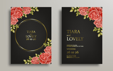 wedding invitation card design with red rose  flower watercolor on black background