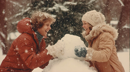 Joyful moment captured as two people build a snowman on a snowy day, dressed in winter attire, laughter fills the air. The crisp, winter scene evokes the joys of winter.