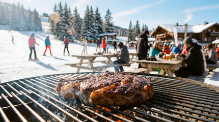 Sizzling steak on grill with snowy ski resort activity softly blurred behind.