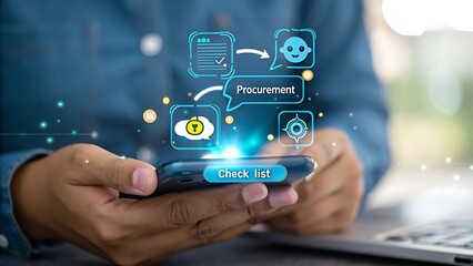 Businessman interacting with a mobile application displaying a digital procurement checklist and workflow icons