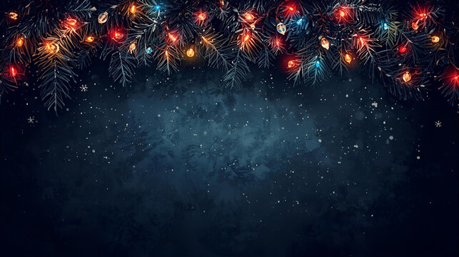Christmas tree branches with lights and snow on a dark blue background