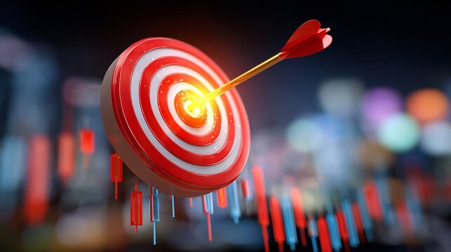 Successful dart hitting bullseye on target with glowing light, financial charts in background, symbolizing business success and precise strategy.