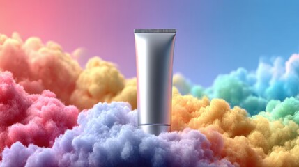 Cream tube surrounded by colorful clouds in a dreamlike setting at sunset