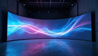 Curved digital screen displays glowing blue and pink light waves. Empty modern room with concrete floor reflects colorful display. Abstract motion graphics create futuristic atmosphere.