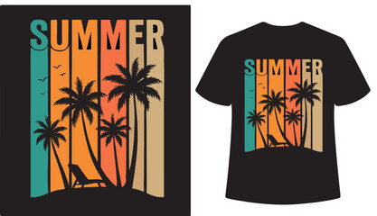 Summer beach palm trees sunset stripes t-shirt design
