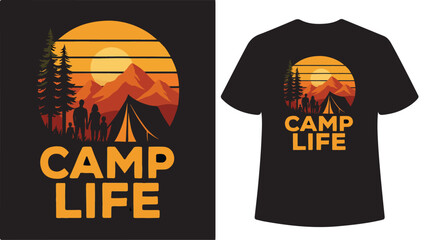 Camping life sunset mountain trees silhouette t-shirt design