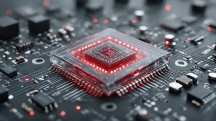 Close view of a computer chip surrounded by circuit board components with glowing lights during a technology demonstration