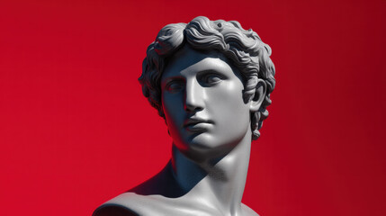 Fototapeta premium Fashion editorial captures statue in pop art style with dramatic lighting and vibrant red background creating bold contrast