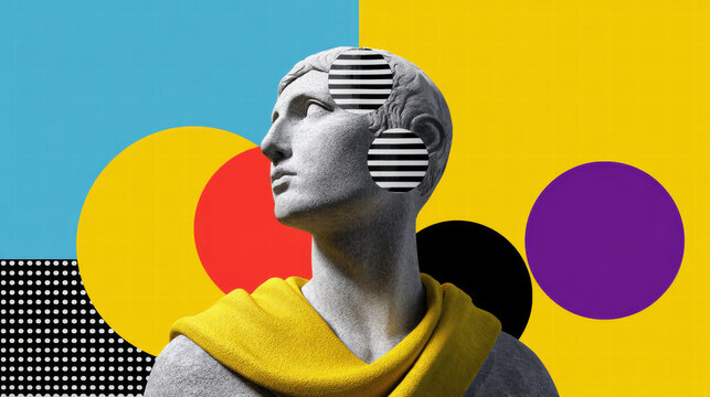 Fashion editorial statue in pop art style with colorful geometric background and modern artistic design