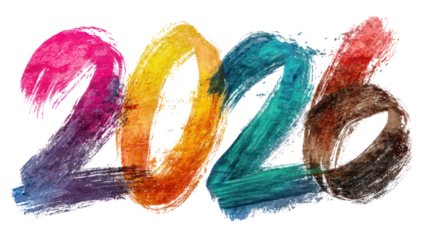 Colorful abstract paint strokes forming the year 2026 isolated on transparent background