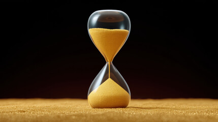 Flowing sand in hourglass for editorial design with yellow grains falling through glass on dark background