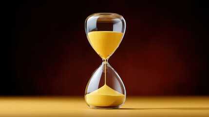 Flowing sand in hourglass for editorial design with yellow sand and glass on dark background