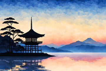 Obraz premium Traditional Japanese Pagoda Watercolor Illustration Mountain Landscape