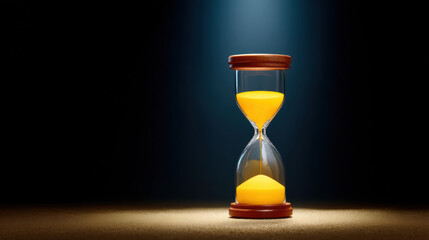 Flowing sand in hourglass for editorial design captures time passing with yellow sand in glass timer on dark background