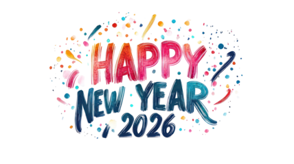 Happy new year 2023 colorful text with confetti isolated on transparent background