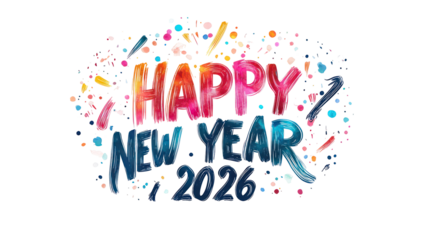 Happy new year 2023 colorful watercolor text isolated on transparent background