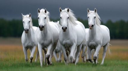 Obraz premium White horses running in nature evoke folklore and freedom with their powerful movement and wild spirit