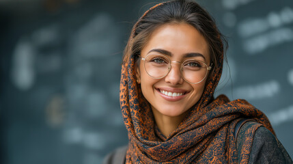 Cheerful Young Woman in Glasses and Scarf: A Portrait of Confidence and Education