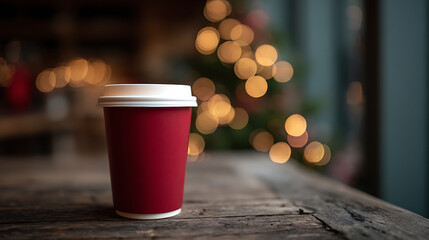 Cozy up with a warm beverage this season! Enjoy a hot drink in a red cup, beautifully contrasting the soft glow of bokeh lights. Perfect for the winter holidays.