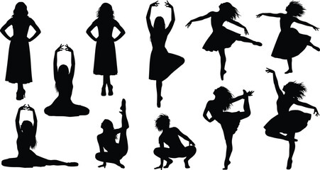 Collection of Diverse Poses Representing Ballet, Contemporary, and Modern Dance Styles with Fluid Movements Vector Icons for Art and Performance.