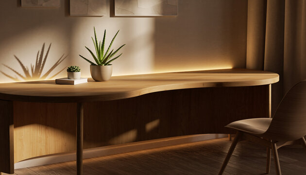 A modern minimalist wooden desk with a plant and ambient lighting, creating a serene and productive workspace. - Powered by Adobe