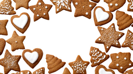 Christmas gingerbread cookies in star and heart shapes isolated on transparent background