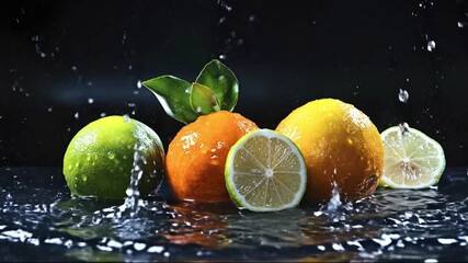 A lime an orange a lemon and lime slices sit in splashing water with falling droplets against a dark background - Powered by Adobe