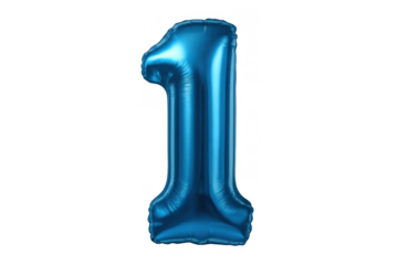Blue number 1 foil balloon celebrating a first birthday, anniversary, or achievement on a transparent background