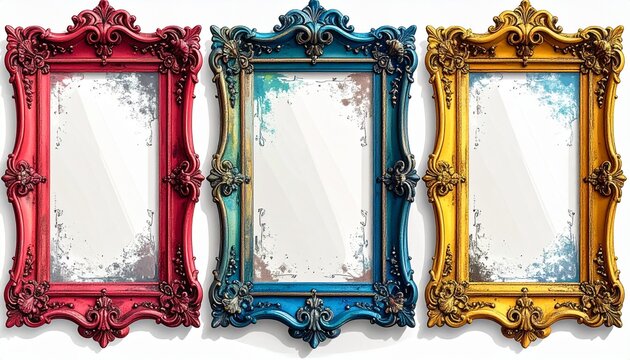 Ornate vintage picture frames in bright colors with intricate baroque details.