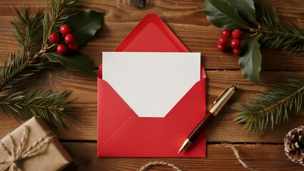A clean top-down flat lay displays a blank greeting card surrounded by envelopes a pen and festive greenery on a wooden surface