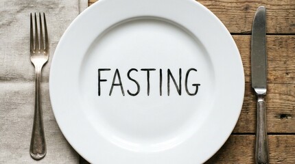 Fasting word on empty plate with cutlery on wooden table