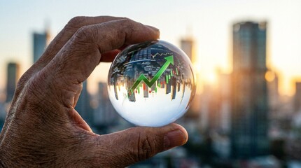 Financial growth in crystal ball with city skyline at sunset