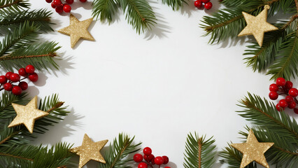 A clean top-down flat lay features a central white copy space surrounded by a festive border of pine branches and gold ornaments