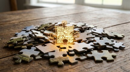 Glowing QR code puzzle piece standing on wooden table with others