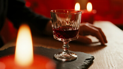 A faceless person's hand places a crystal glass of red wine on a dark slate table against a backdrop of flickering red candle bokeh