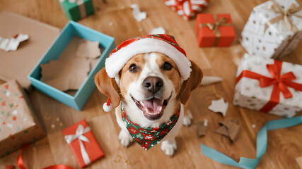 A festive top-down view shows a curious dog looking up from a messy floor filled with wrapping paper and holiday gifts