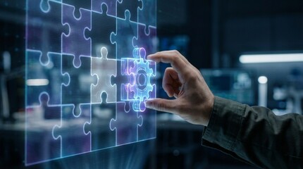 Hand placing glowing gear puzzle piece into holographic grid