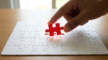 Hand placing last red puzzle piece into white jigsaw puzzle