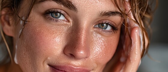 Close-up skincare scene of a woman washing her face with soft cleansing foam in bright natural light, featuring clean glowing skin and a modern minimal bathroom atmosphere for beauty and wellness use.