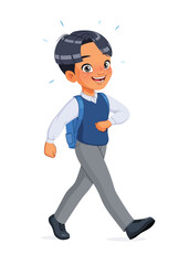 Happy Asian boy walking to school. Cartoon vector illustration.