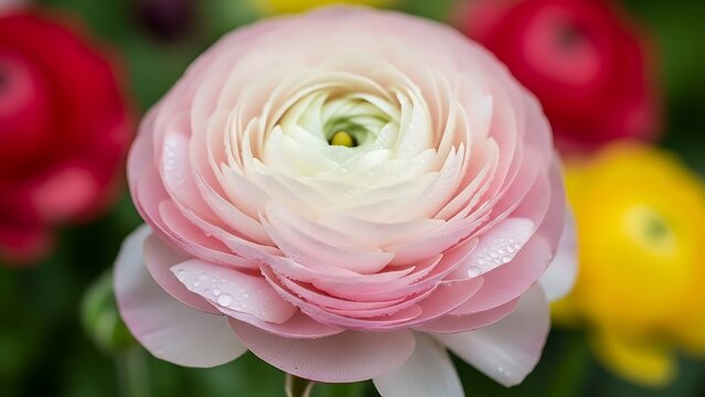 Close up of a delicate pink and white ranunculus flower with blurred colorful background