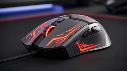 Modern gaming computer mouse with glowing red and orange led lights