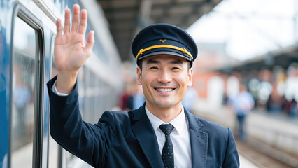 smiling train conductor in uniform waving beside a train at the station, greeting passengers with a friendly gesture