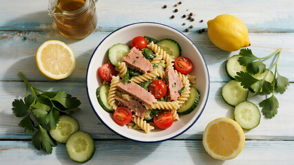 A vibrant top-down flat lay displays a bowl of tuna pasta salad surrounded by fresh ingredients like tomatoes and lemons on a rustic blue wooden table